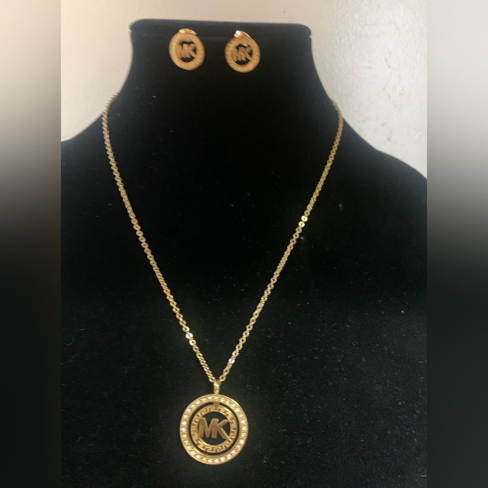 Mk logo gold necklace and earrings